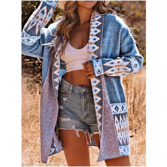 040 Cozy Blue Tribal Western Open Front Pocket Cardigan - Picture 3 of 7